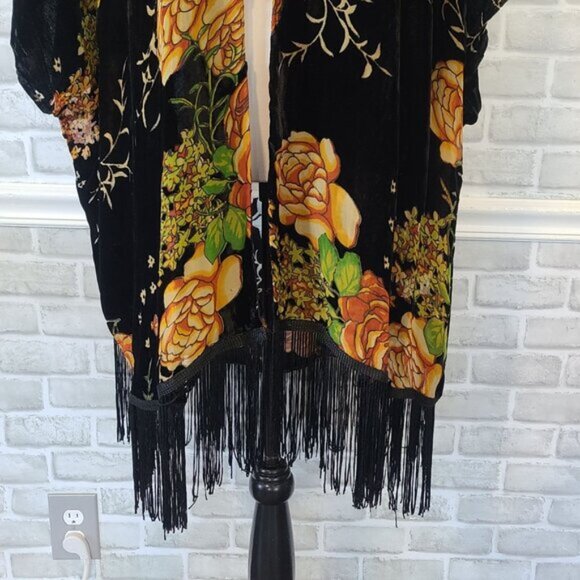 Daniel Rainn Black Velvet Burnout Boho Open Front Cardigan Kimono Fringe Large - Picture 6 of 8